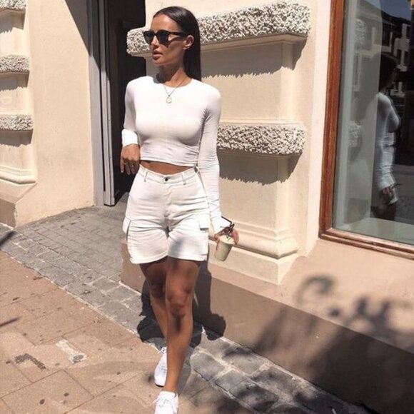 🇬🇷 Summer Dreaming: White Jean Shorts | Biker Cargo Length | Greece-Inspired - Picture 1 of 5